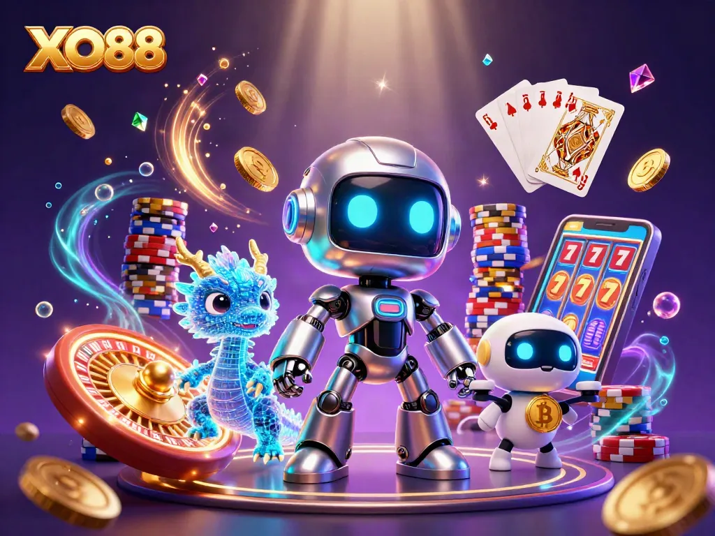 Experience thrilling gameplay at XO88 with a vibrant casino scene showcasing dynamic casino elements and characters.