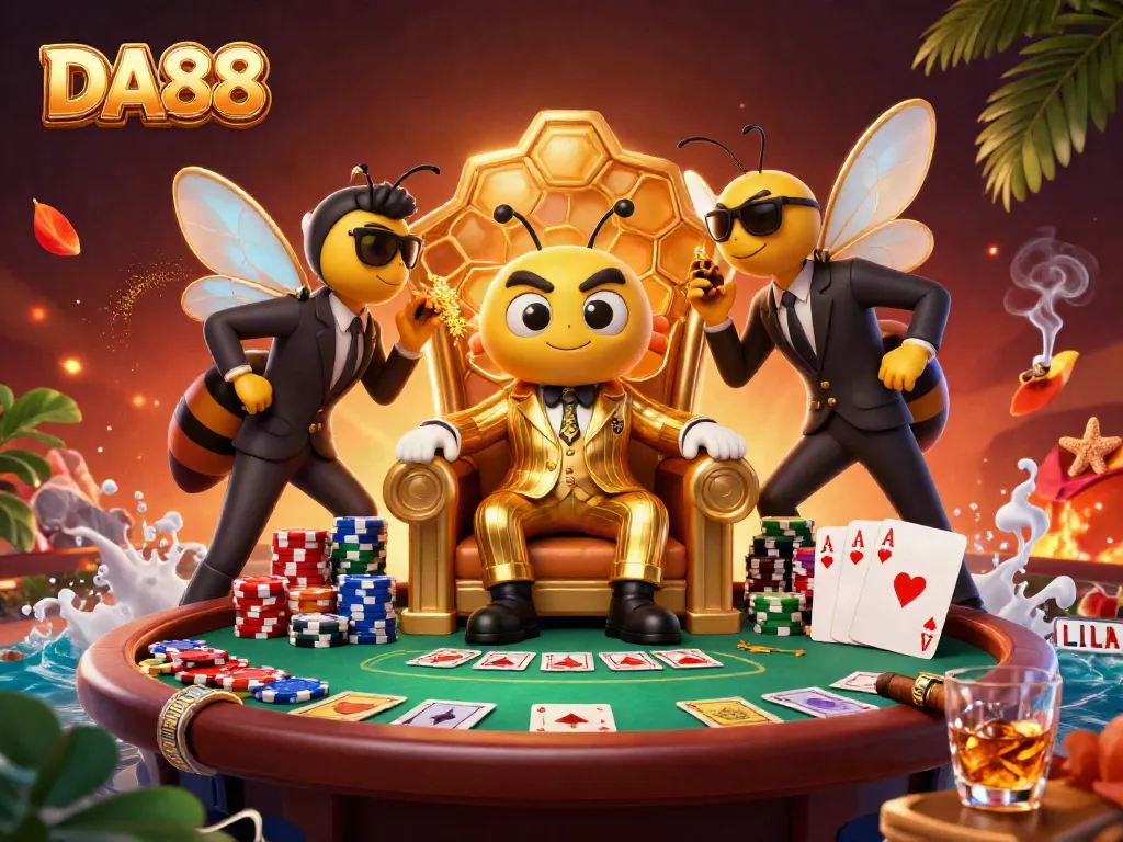 Engage with DA88’s vibrant casino world featuring a mob boss bee amidst a lively poker scene.
