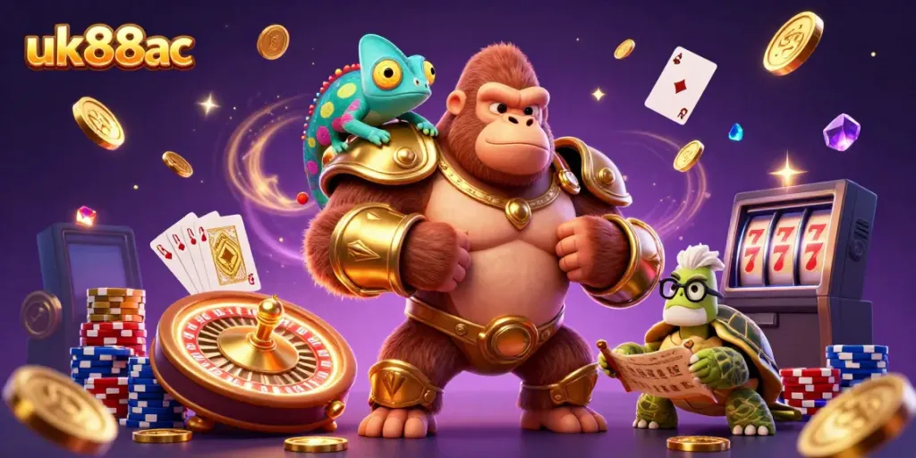 Experience thrilling gameplay at uk88ac with a dynamic casino-themed illustration featuring unique characters and vibrant casino elements.