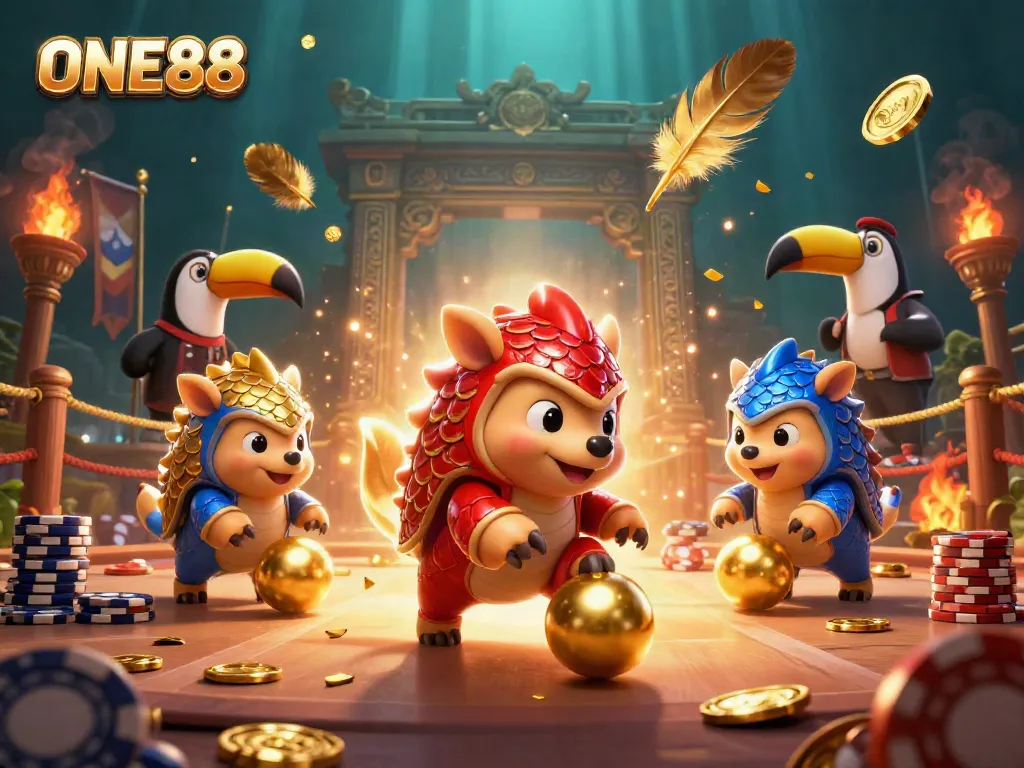ONE88 pangolins bowling through poker chips in a vibrant casino scene, showcasing dynamic action.