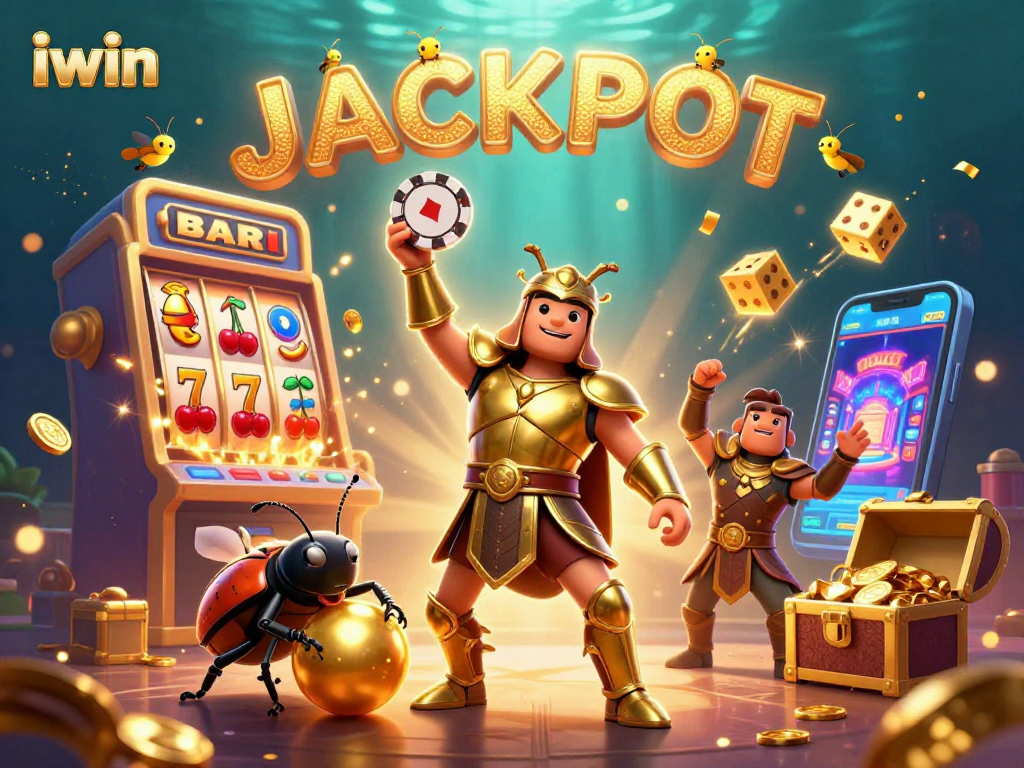 iwin scene showcasing a victorious beetle lifting a poker chip amidst a dynamic casino atmosphere full of jackpots.