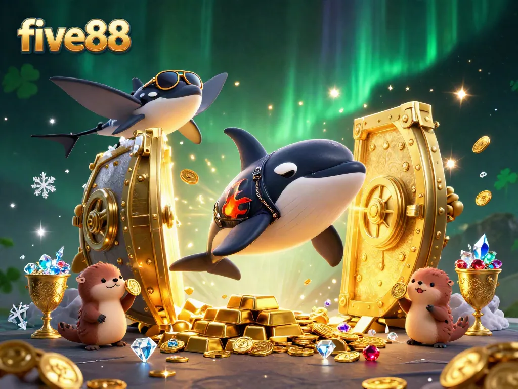 Experience thrilling wins with five88, surrounded by shimmering treasures and engaging characters in an exciting casino setting.