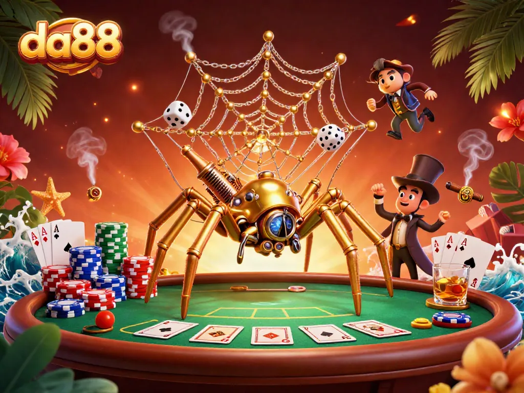 Win big with da88 at the poker table while surrounded by steampunk-themed characters and vibrant casino elements.