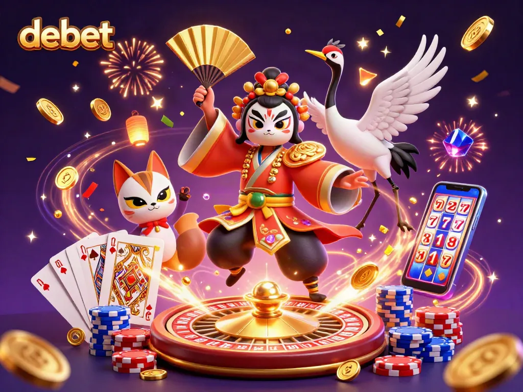 Experience the thrill of debet with a vibrant 3D casino scene, featuring kabuki warriors and dynamic game elements.