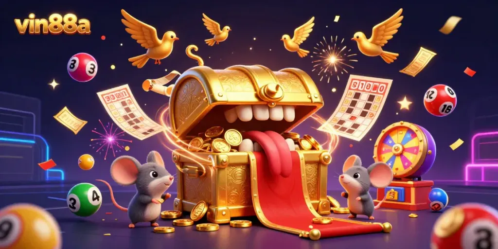 Engage with vin88a's dynamic casino experience featuring vibrant lottery elements and a golden treasure chest.