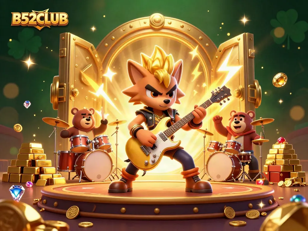B52CLUB showcases a rock star wolf on stage, surrounded by treasure and gaming elements, depicting online casino excitement.