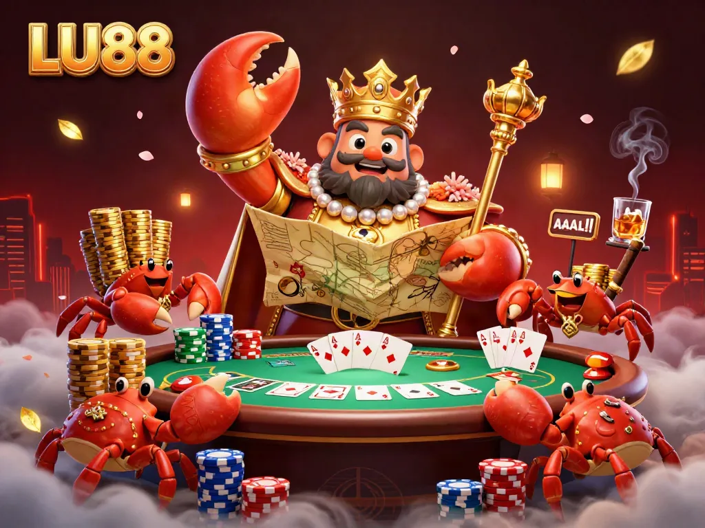 LU88's massive golden crab emperor oversees a vibrant poker scene with rich, dynamic casino elements.