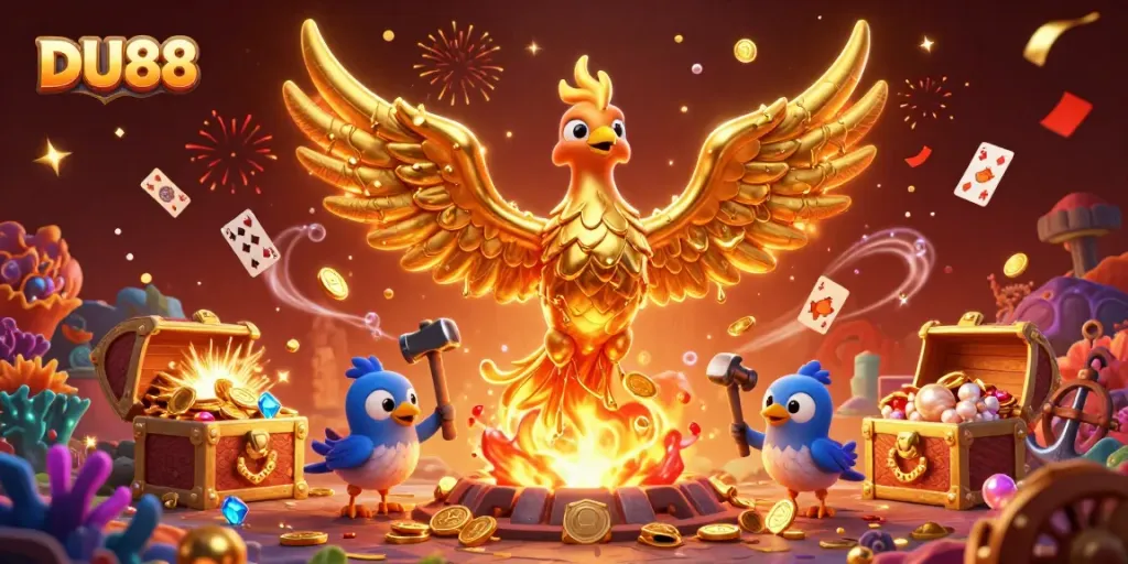 Engage with DU88's exciting gaming world as a golden phoenix triumphantly emerges, symbolizing fortune and adventure.