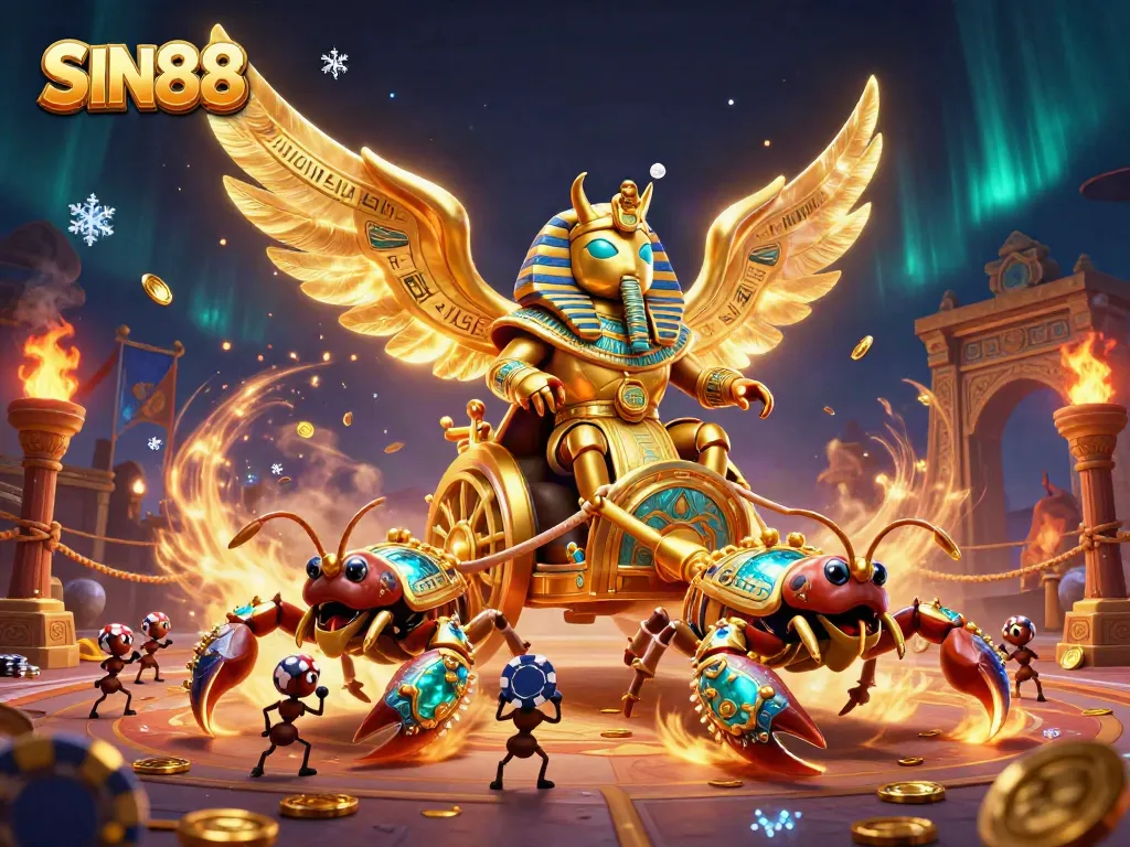 SIN88 presents a vibrant 3D casino scene, featuring a colossal scarab beetle and scorpions amidst gold coins and betting tokens.
