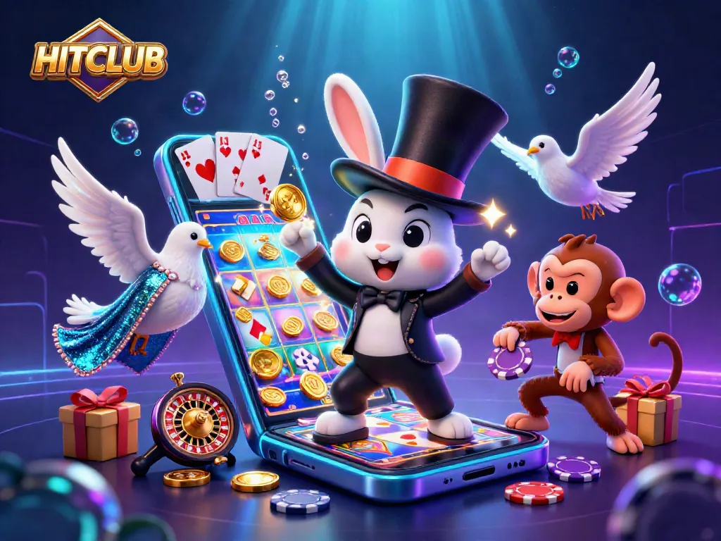 Experience the HITCLUB excitement as a magician rabbit pulls coins while a dove and monkey animate the casino scene.