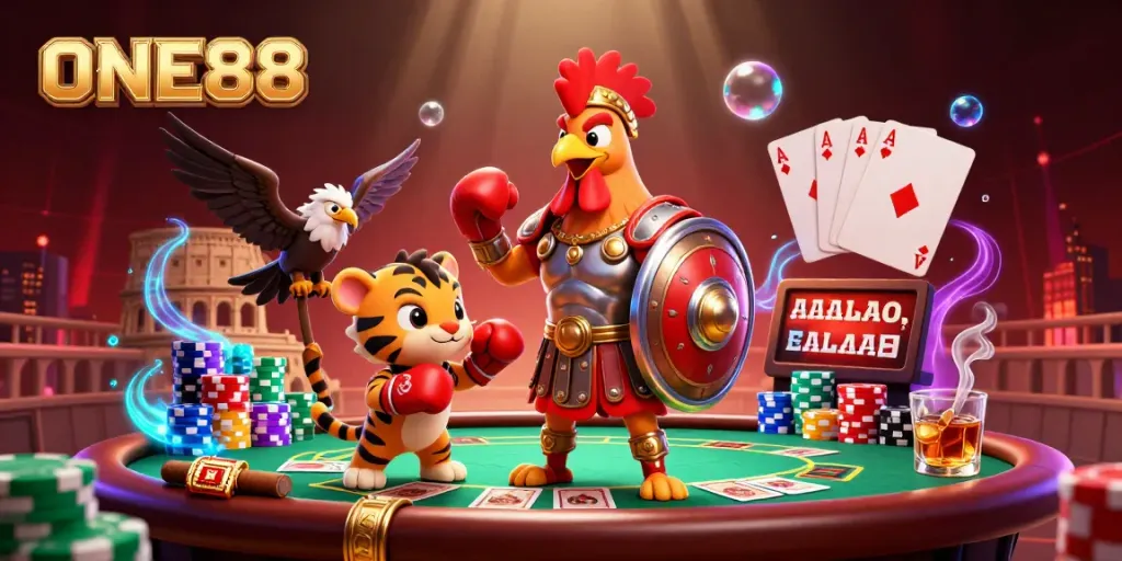 Engage in thrilling gaming action at ONE88 with a dynamic 3D casino illustration scene.