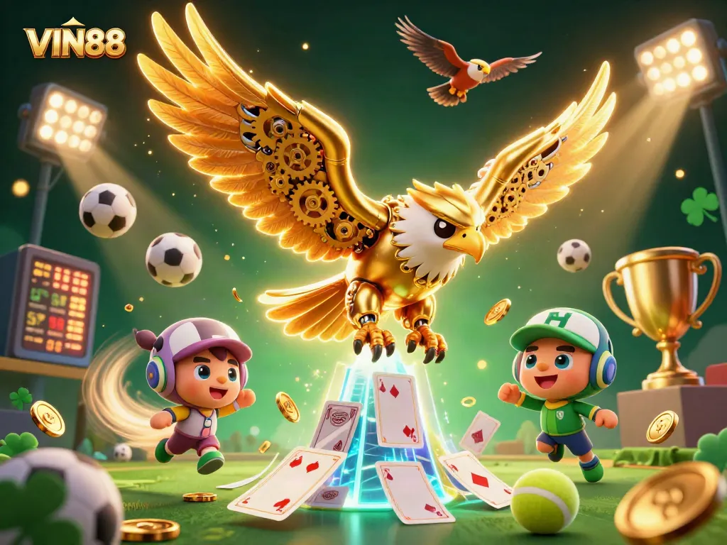 Experience high-stakes action with VIN88's animated golden eagle amidst dynamic 3D casino elements.