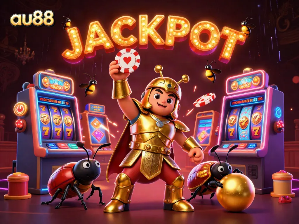 Join the excitement with au88 by a victorious beetle and dazzling slot elements in a vibrant casino scene.