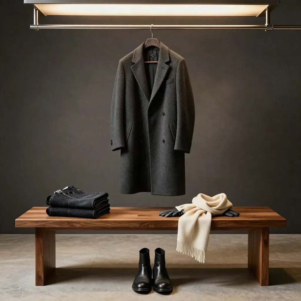 Charcoal coat and boots settling on a walnut bench in a quiet foyer.