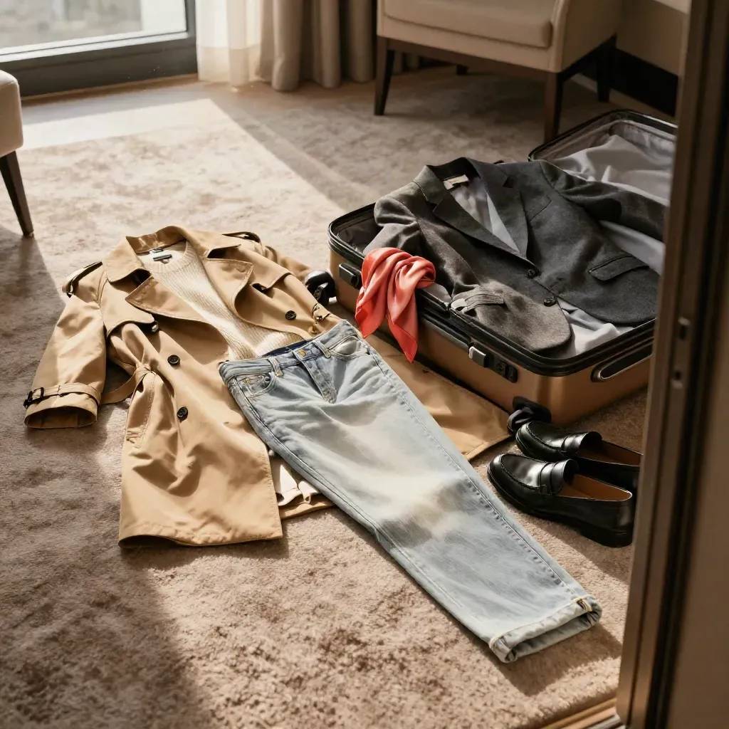 Weekend outfit board on a hotel carpet with trench, blazer, jeans, loafers, knit and suitcase.