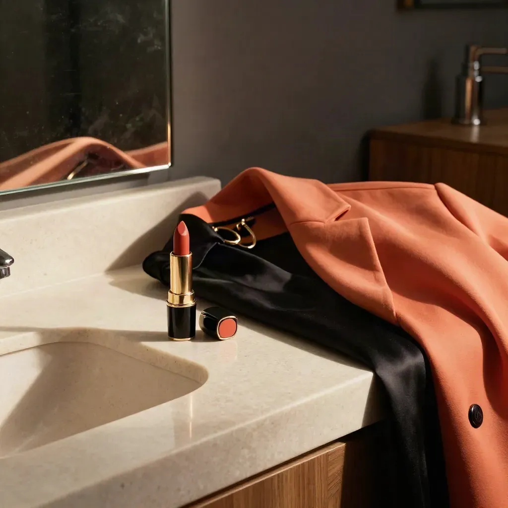 Coral lipstick, black satin dress, coral coat and hoop earrings on a hazy bathroom sink ledge.