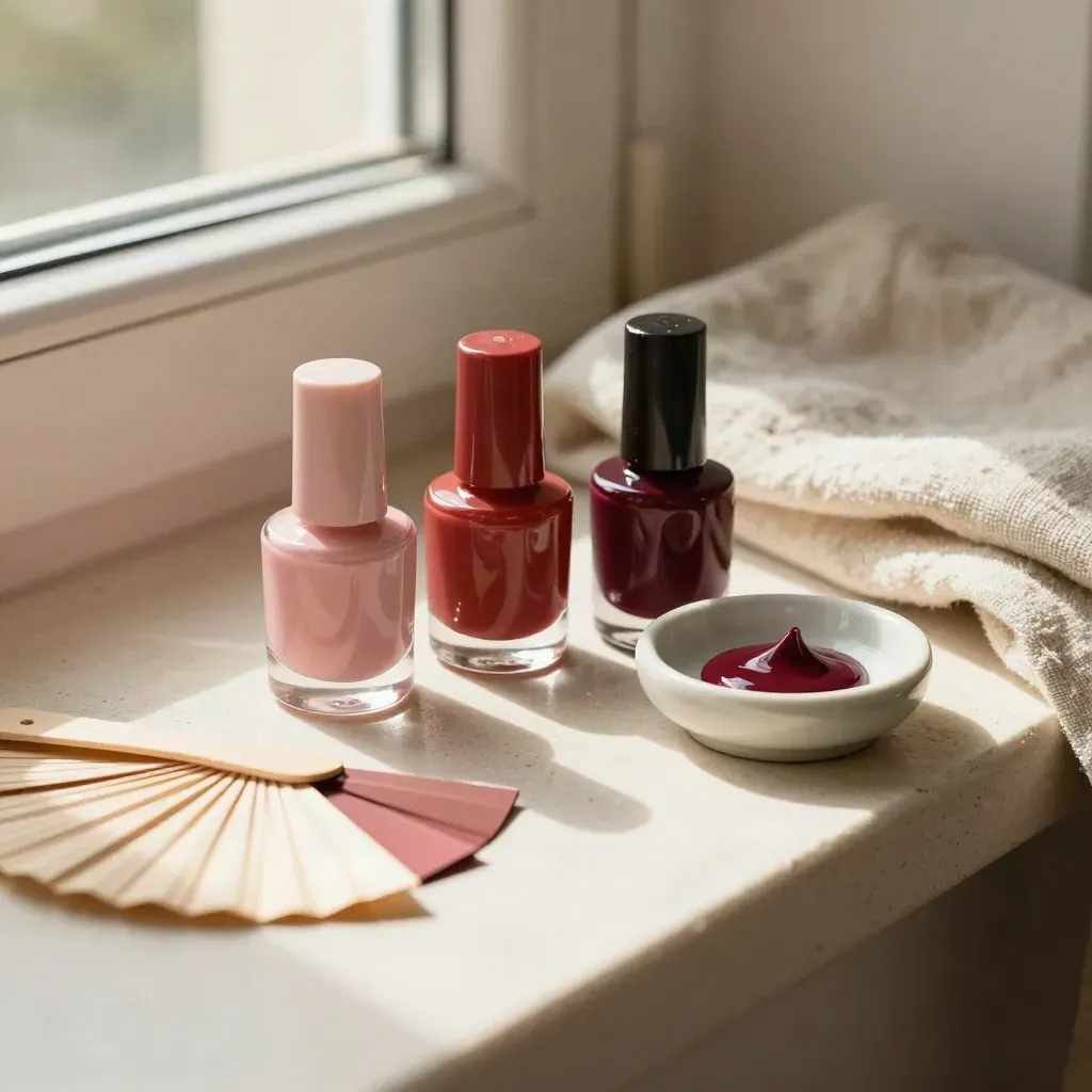 Top-down beauty still life with three autumn nail polish bottles and matte colour chips.