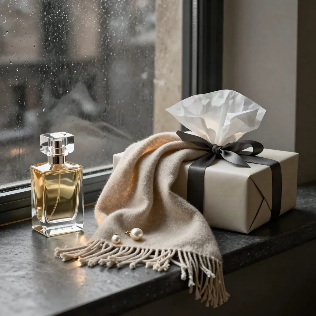Perfume, candle, scarf, pearls and a gift box by a window in moody late-afternoon light.