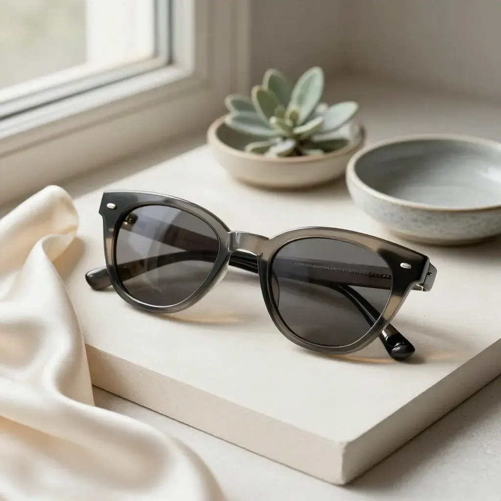 Cat-eye sunglasses with satin, plant and ceramic dishes on a plaster sweep.