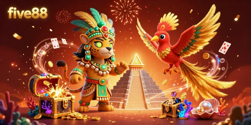 Experience the excitement of five88 with a vibrant 3D Mayan-themed casino illustration bursting with treasures.