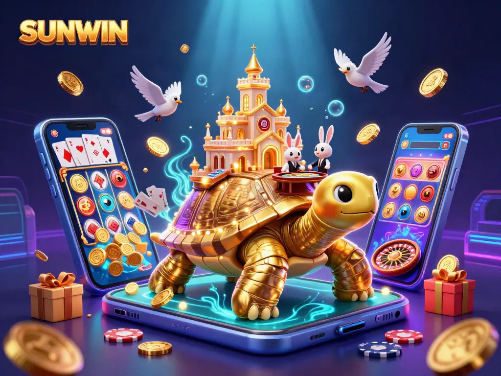 SUNWIN captivates players with a vibrant 3D scene featuring a golden tortoise casino and lively gameplay elements.
