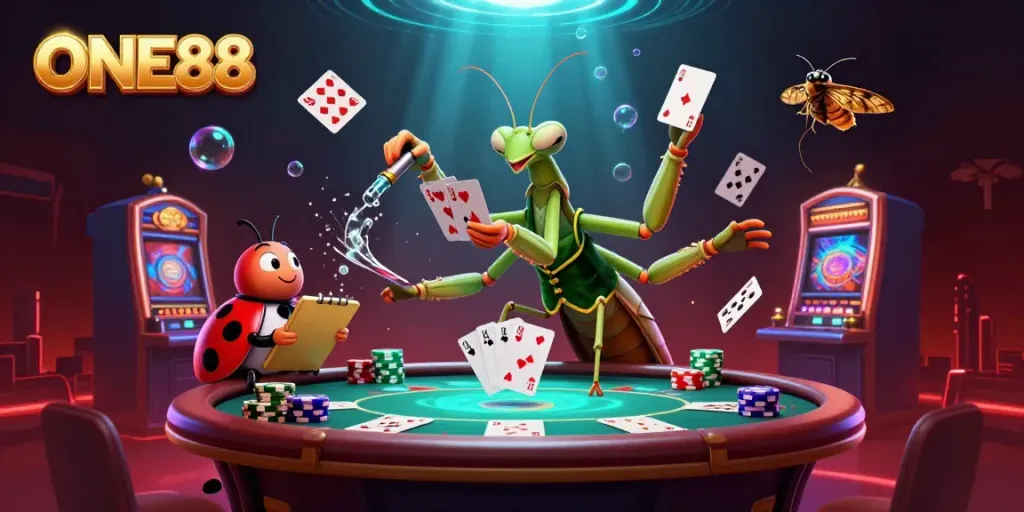 Enhance your play at ONE88 with a vibrant 3D casino illustration featuring animated characters and gambling elements.