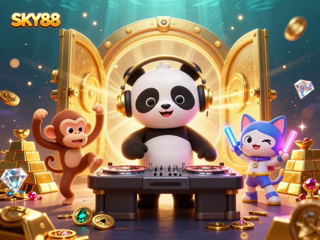 Join the casino excitement with SKY88's vibrant scene of a DJ panda, dancing monkey, and glow-stick kitten.