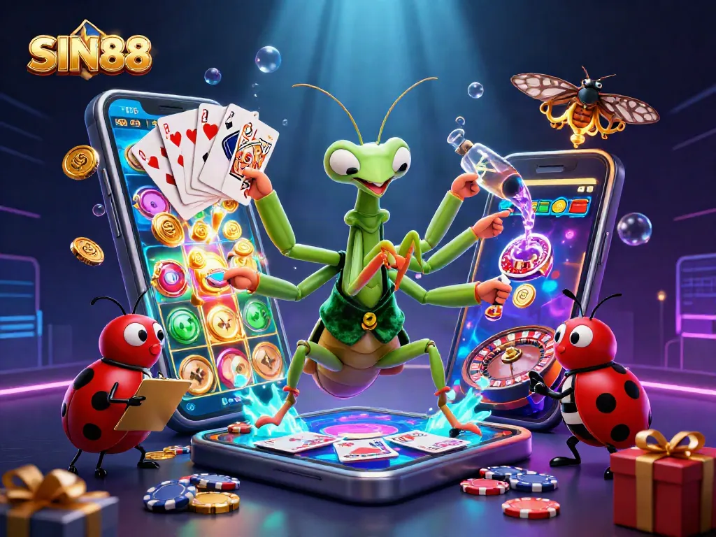 SIN88's dynamic casino scene features a giant mantis card sharp dealing cards and a ladybug pit boss amidst vibrant slot game elements.