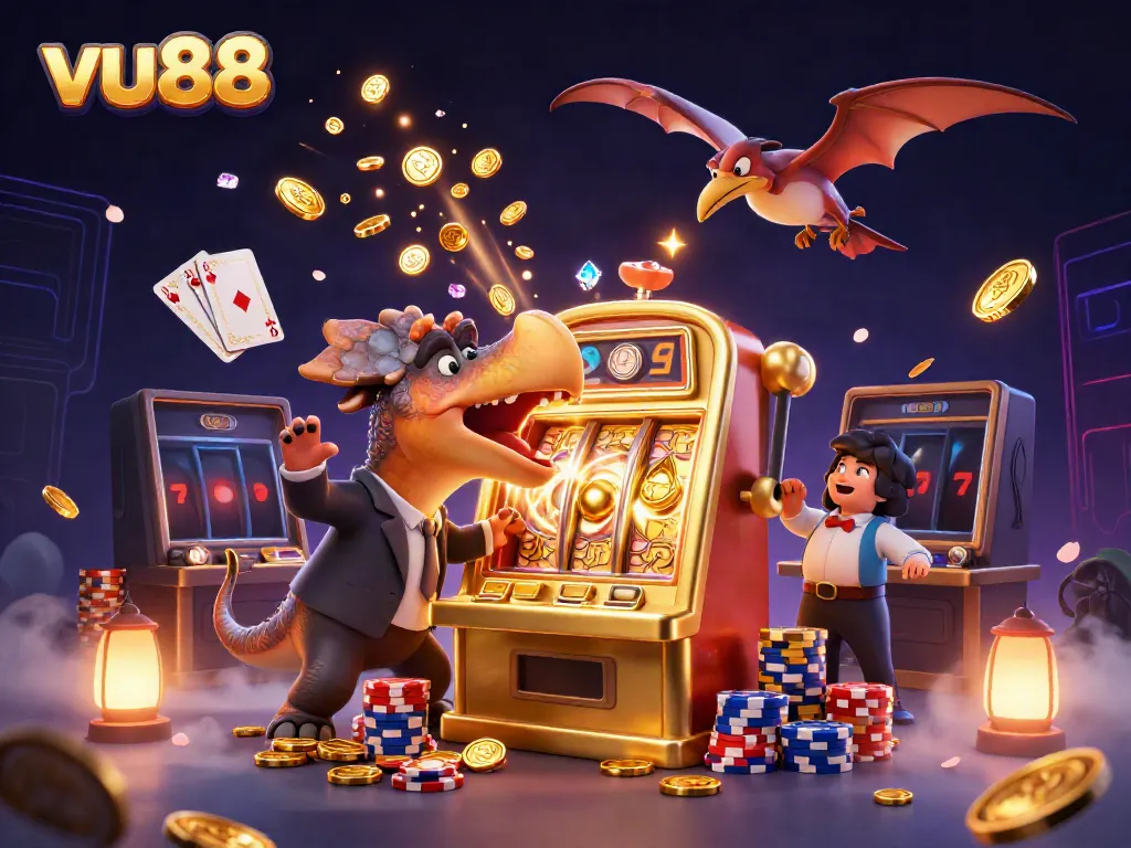 Experience the excitement of vu88 as a pachycephalosaurus triggers a jackpot with golden coins flying around.