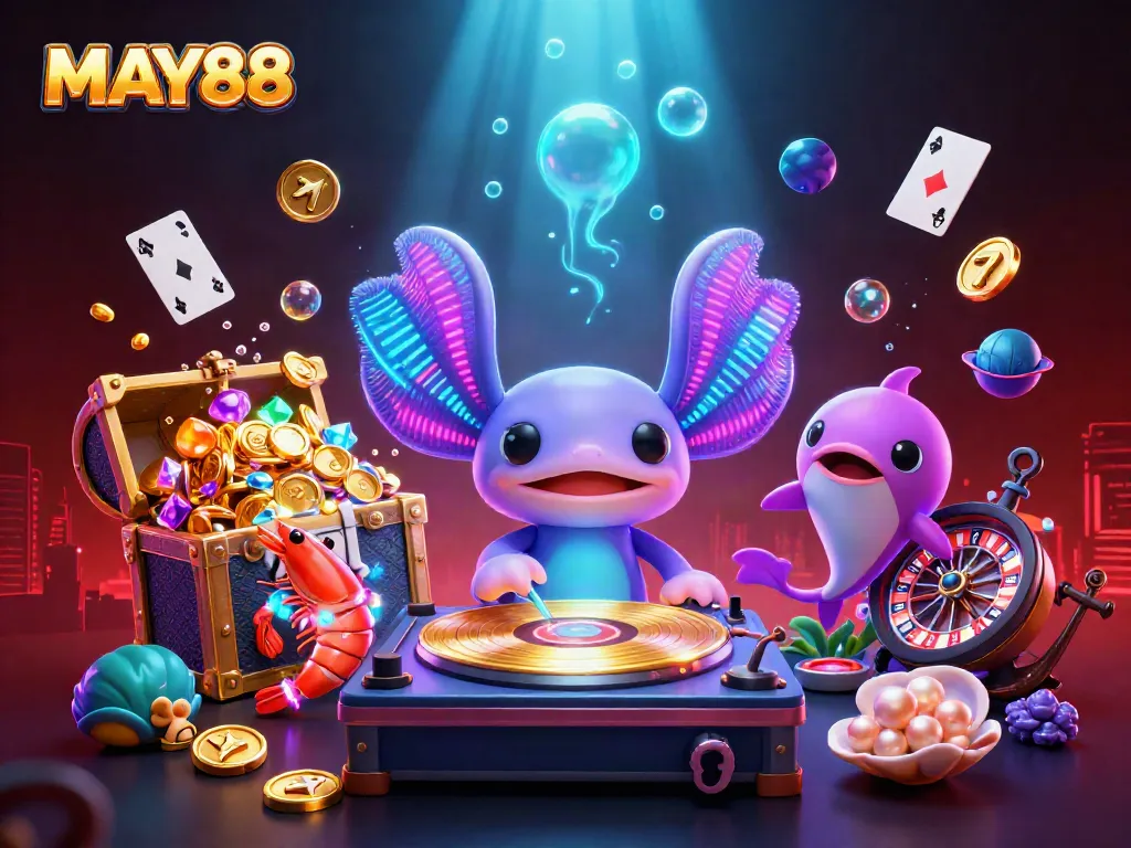 Experience thrilling gaming with MAY88's vibrant underwater casino scene featuring lively characters and rich visuals.