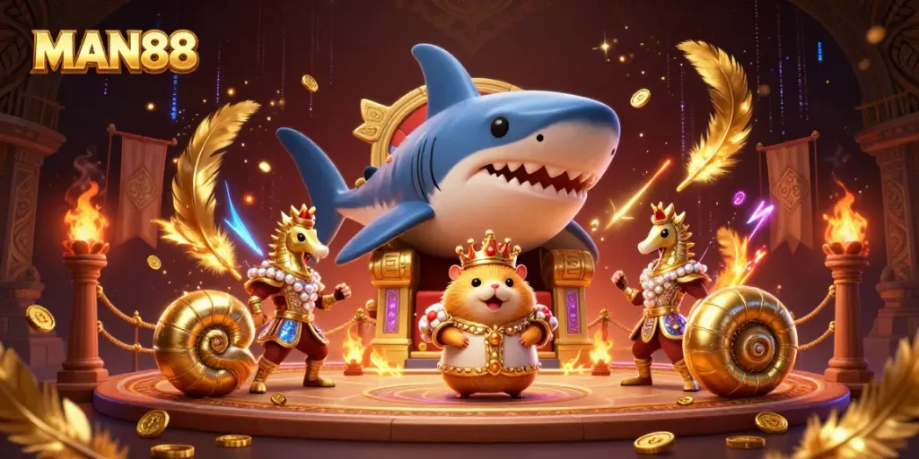 Experience big wins at MAN88 with an adventurous undersea casino scene featuring a golden hamster king and treasures.