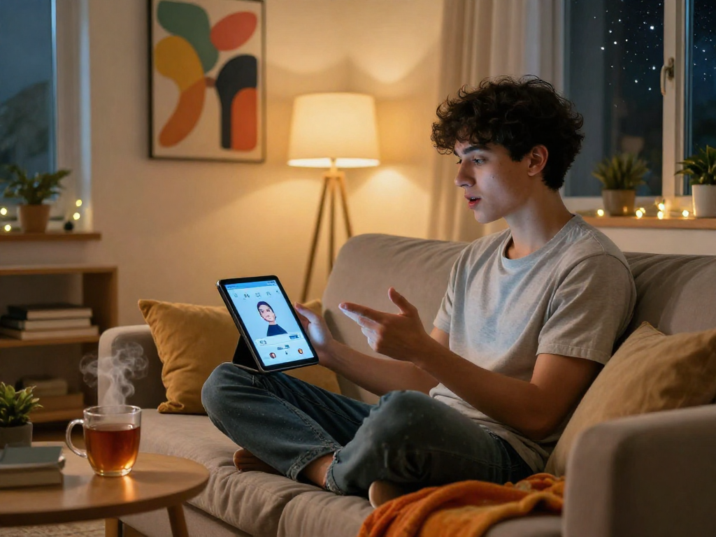 A cozy living room scene with a person engaging in a porn AI chat on a tablet while enjoying tea, showcasing modern technology in a comfortable setting.