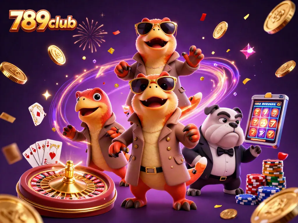 Experience the excitement of 789club with raptors in disguise entering a VIP casino, surrounded by vibrant game elements.