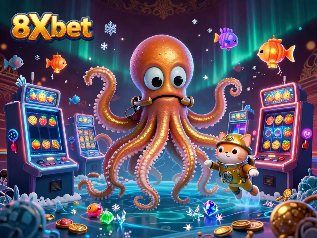 Experience the thrill of 8Xbet's gaming kingdom with a kraken and diving cat in a colorful casino world.