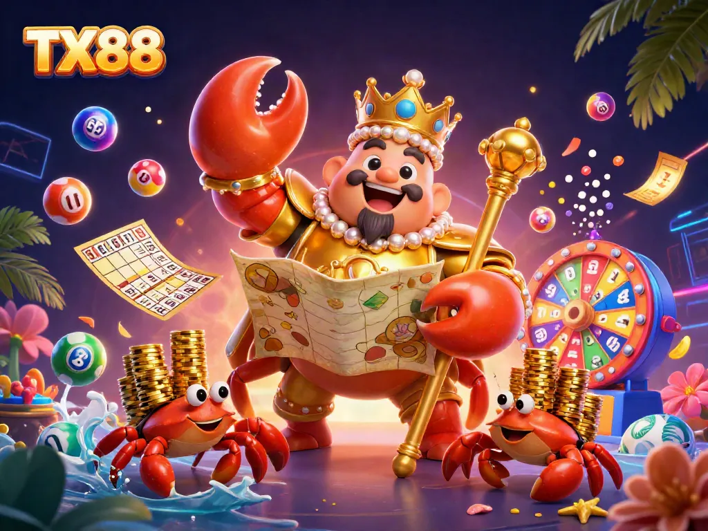 Experience TX88's vibrant gaming world with a golden crab emperor and lottery themes.