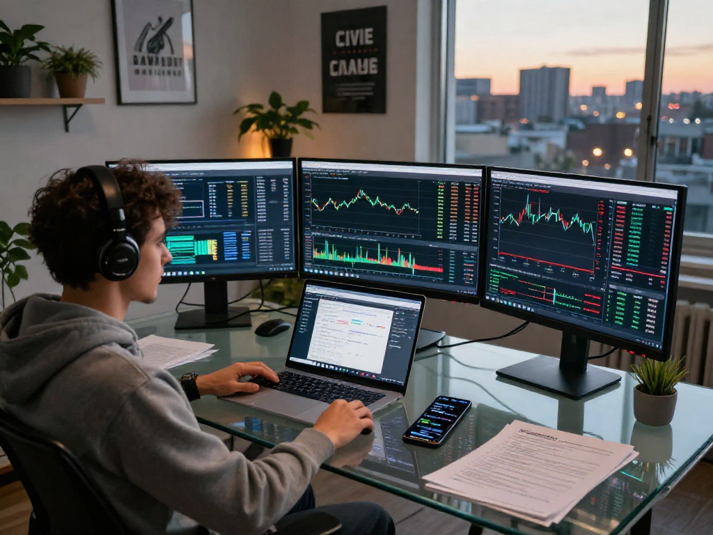 Escenario de un trader usando Immediate Edge en un espacio de trabajo moderno.