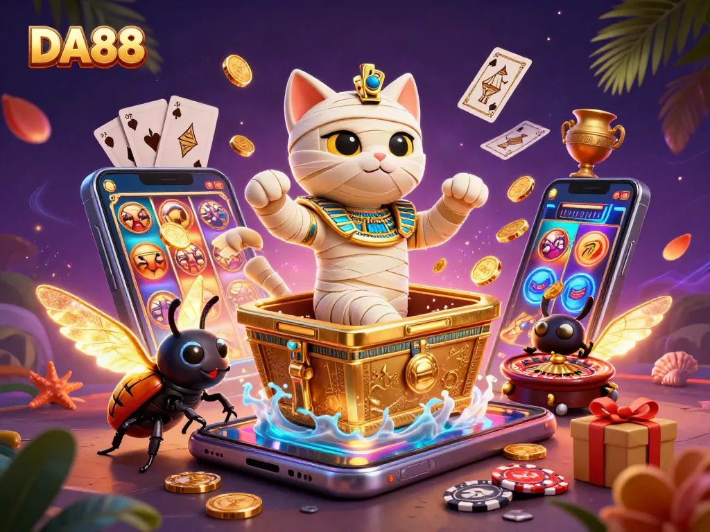 Engage with DA88 in a vibrant casino scene featuring an Egyptian mummy cat and rich gaming elements.