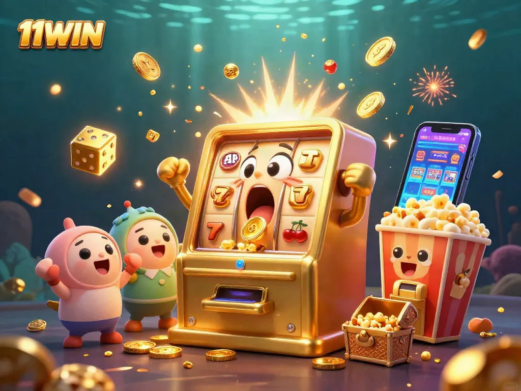 Engage with thrilling 11WIN gameplay featuring golden slot machines and jubilant cheer as jackpots overflow.