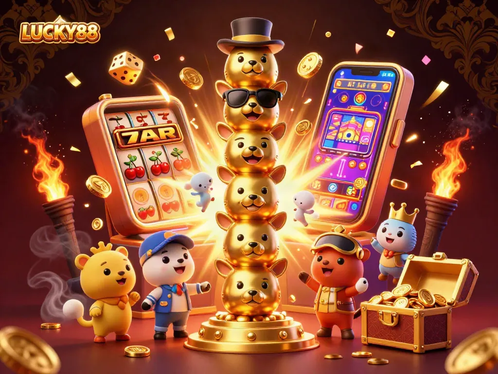 Engage with LUCKY88 illustrated gaming scene showcasing thrilling jackpots and vibrant casino elements.