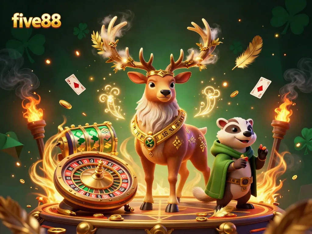 Engage with five88 in a vibrant casino scene featuring characters in action amid gold coins and fiery excitement.