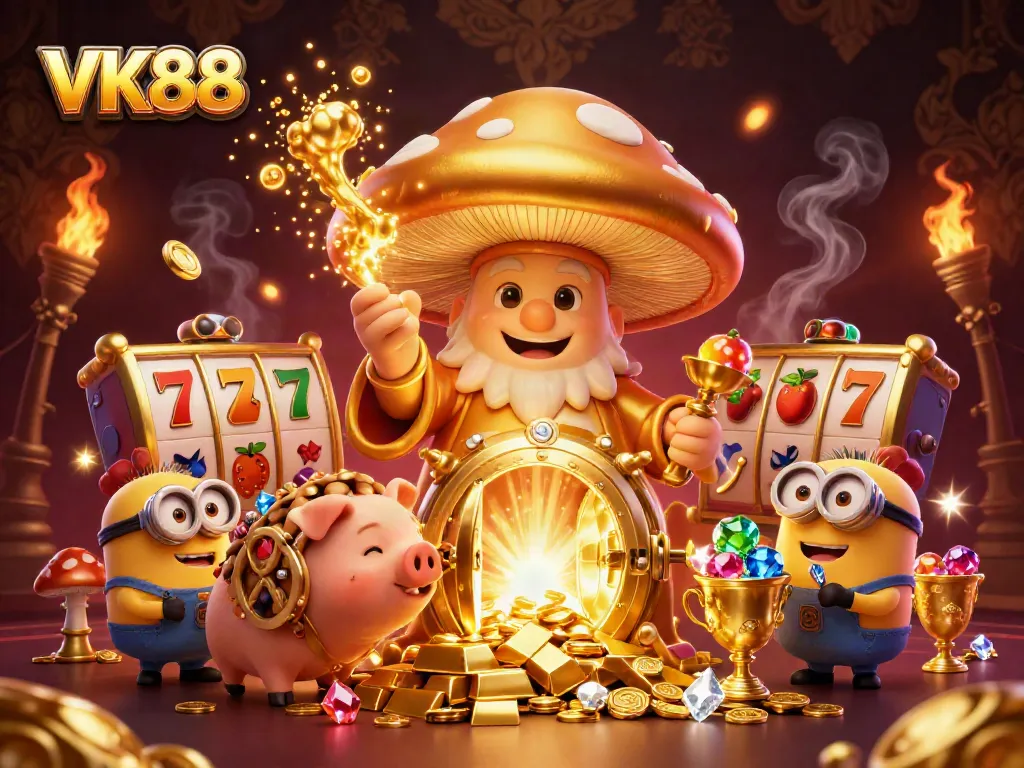 Experience VK88's golden treasures and vibrant slot action in this animated 3D illustration.