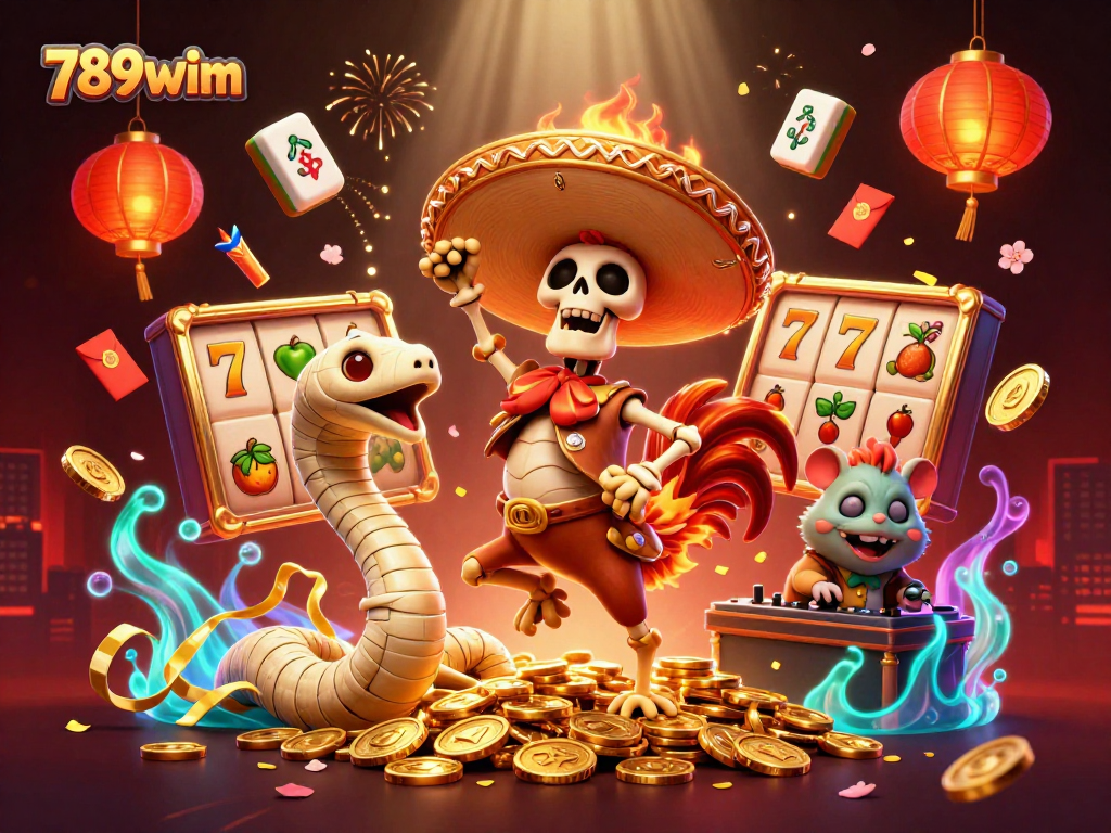 Experience the thrill of 789wim with vibrant 3D cartoon casino characters dancing among golden coins and slot reels.