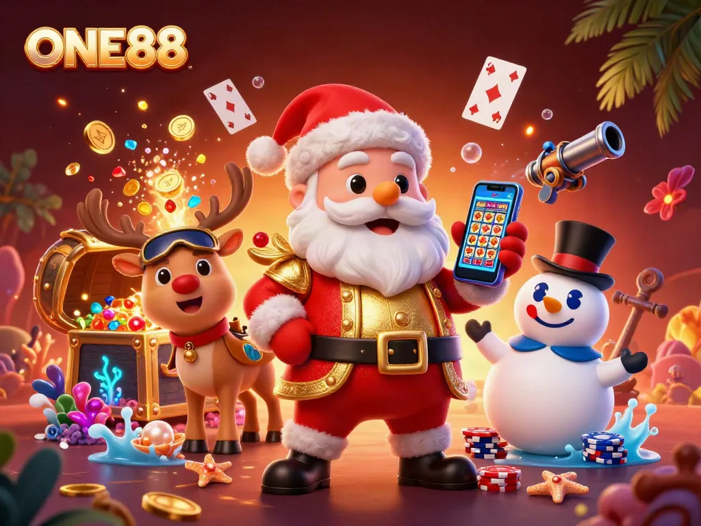 Join ONE88 for thrilling slot action, featuring Santa and friends in a lively casino scene.