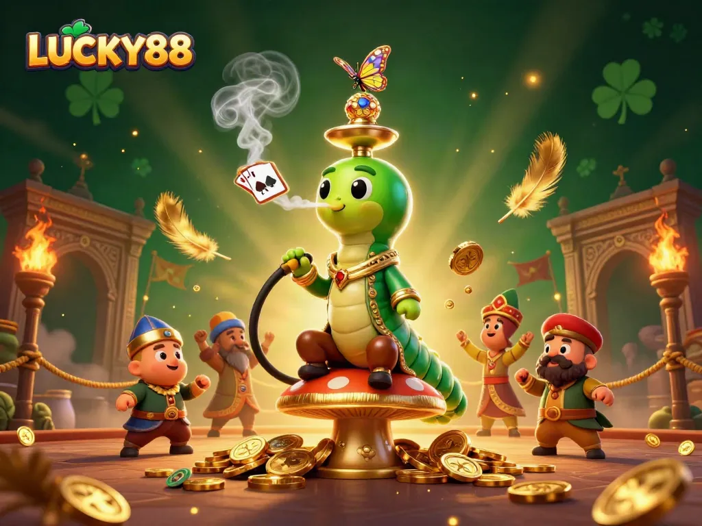Experience LUCKY88 with the vibrant scene of a whimsical caterpillar hookah-master in a magical casino.