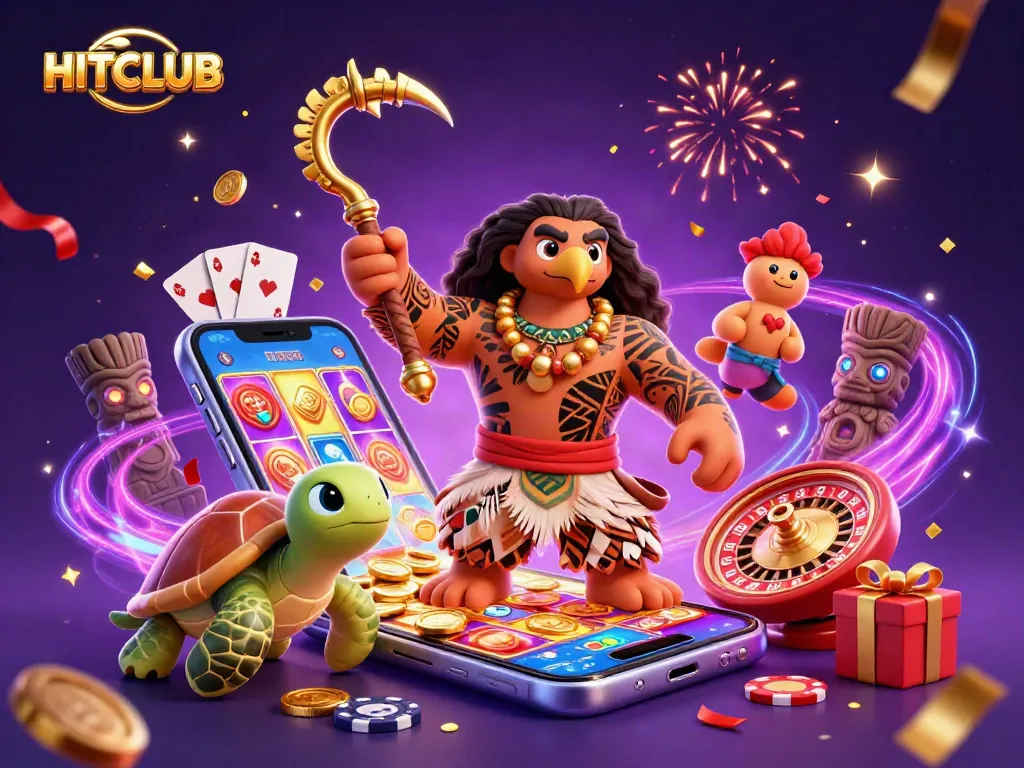 Engage with HITCLUB's vibrant gaming experience featuring dynamic casino elements and animated characters.