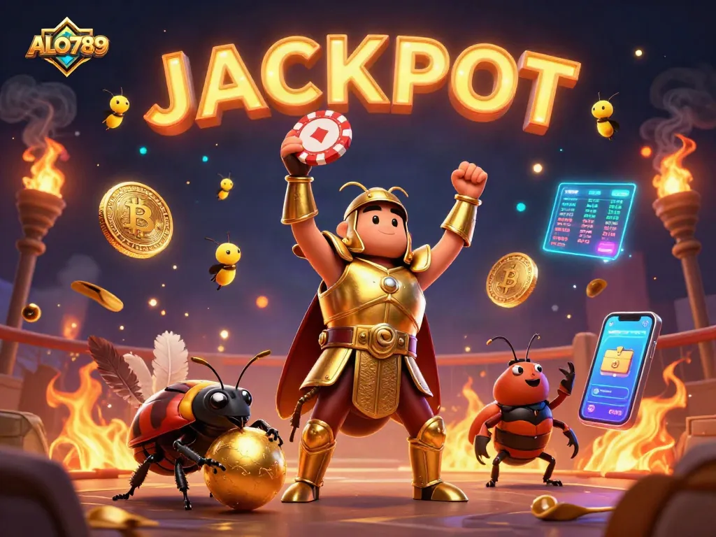 Engage in thrilling cockfighting at ALO789 with golden chips and vibrant fireflies illustrating jackpot excitement.