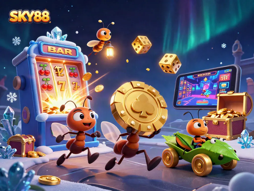 Experience the excitement of SKY88 casino with ants on a heist carrying giant poker chips amid a vibrant celebration.
