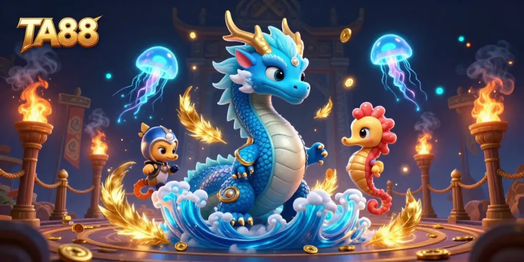 Join the excitement with TA88's captivating online casino games featuring a vibrant dragon and seahorse knight.