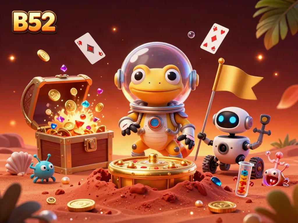 B52 casino adventure with Martian gecko and robot, surrounded by treasure and vibrant casino elements.