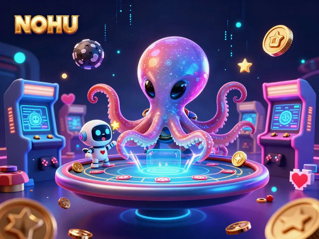 Engage in thrilling gameplay at NOHU, featuring an octopus dealing holographic poker action.